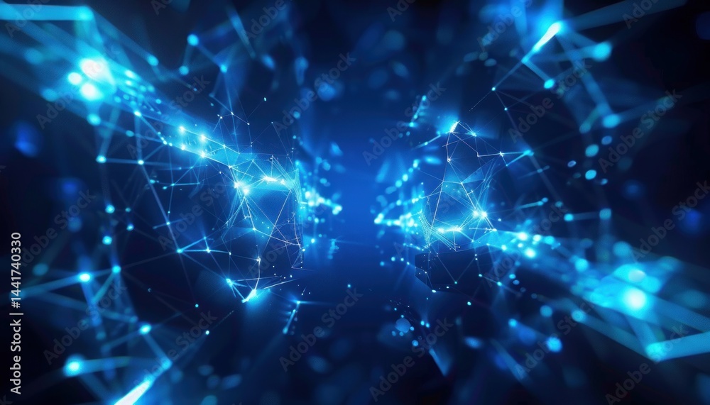 Poster abstract digital network of glowing blue interconnected points and lines creating a futuristic and d