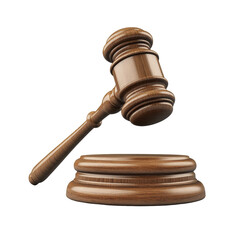 A wooden judge gavel resting on a round sounding block isolated on a transparent background, Judge gavel isolated on transparent background
