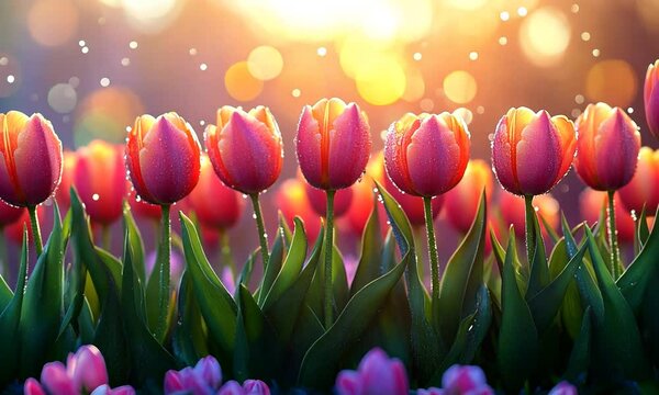 Vibrant tulip garden in full bloom with morning dew, sunlight glistening in the background
