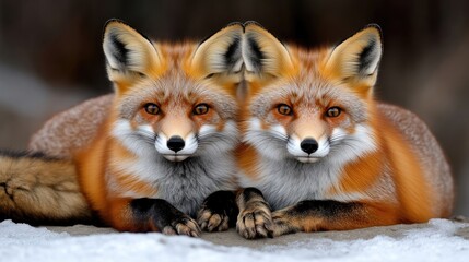 Two red foxes resting in the snow