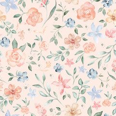 Coral pink and blue color flowers and green leaves watercolor seamless pattern on white background. Soft pastel colors water color for beauty products or other. Hand drawn illustration isolated.