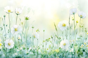 Spring watercolor background with white flowers, grasses, and wildflowers in soft pastel tones, isolated with space for text on transparent background