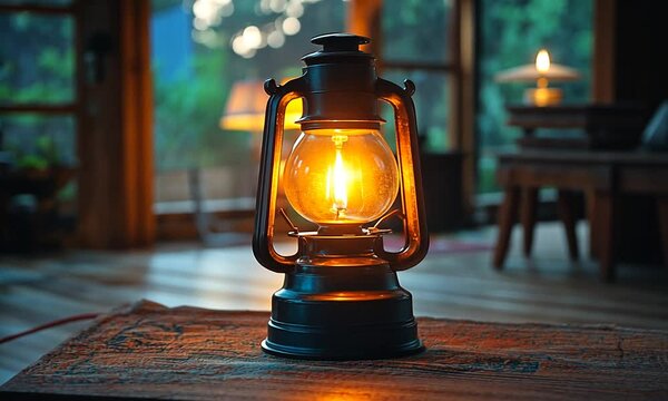 Vintage lantern illuminating a cozy wooden interior with soft evening light and greenery outside