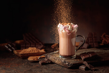 Hot chocolate drink with marshmallows sprinkled with cocoa powder.