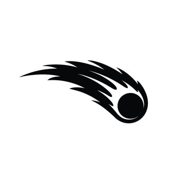 Minimalist silhouette illustration of a stylized black comet with burning tail