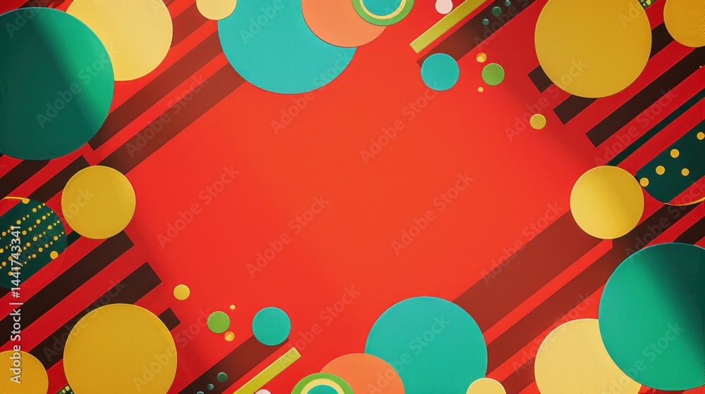 Poster Abstract composition of colorful overlapping circles and stripes on a vibrant red background with yellow, teal, green, and orange shades giving an energetic and dynamic feel