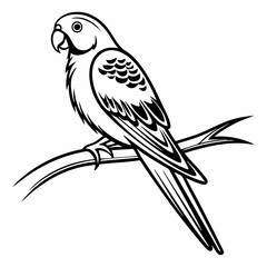 Black and White Vector Illustration of a Parrot Perched on a Branch.