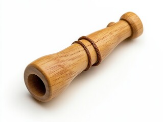 Light Brown Wooden Whistle with Dark Brown String Detail on White Background