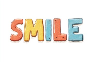 Colorful, hand-drawn style illustration of the word "SMILE" with each letter showcasing unique textures and vibrant hues, creating a cheerful and uplifting visual that promotes positivity.