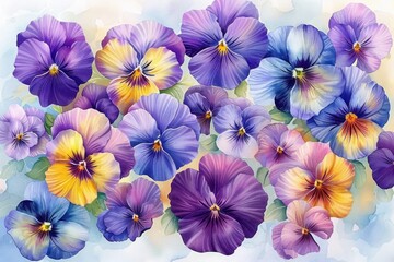 vibrant cluster of colorful pansy flowers with shades of purple, yellow, blue, and pink, softly blending with a light watercolor background, evoking a calm and delicate mood
