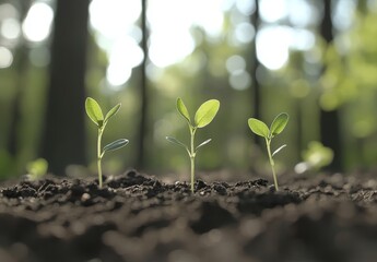 Fototapeta premium Three young green seedlings sprouting from soil under sunlight, symbolizing growth, nature, sustainability, and environmental care