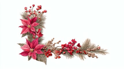 Poinsettia Floral Corner Arrangement, Red Berries, Pine Needles, White Background