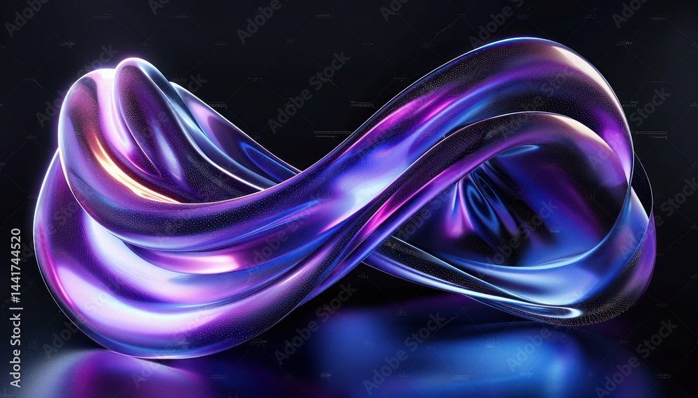 Poster smooth shiny abstract twisted loop sculpture with iridescent purple and blue hues on dark reflective