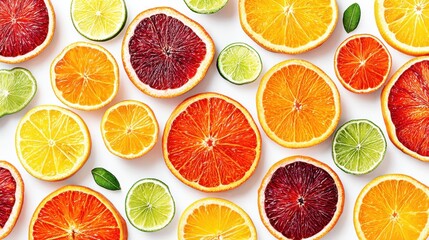Obraz premium Juicy slices of citrus fruits with glistening moisture, arranged in aesthetic pattern, white background