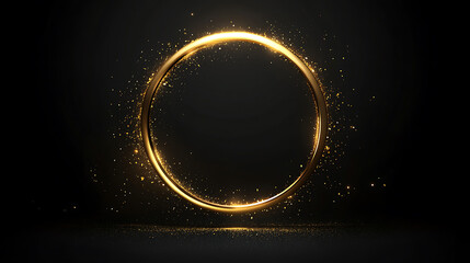Elegant golden circle frame with sparkling particles on dark background provides a luxurious and festive visual effect