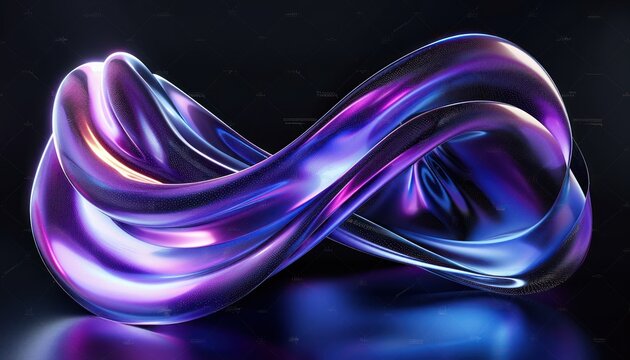 smooth shiny abstract twisted loop sculpture with iridescent purple and blue hues on dark reflective surface, futuristic and fluid with dynamic curves - Powered by Adobe