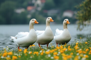 Obraz premium Three white ducks with orange beaks walking through grassy field near water, surrounded by yellow and green wildflowers in a natural setting