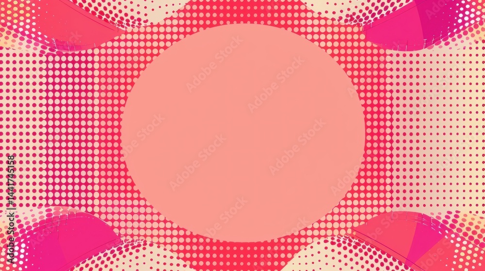 Poster abstract pink and red halftone dots pattern with a large central oval and curved segmented shapes on
