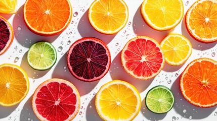 Obraz premium Sliced citrus fruits in bright light, arranged in top-view geometric pattern, juicy pulp and fresh droplets