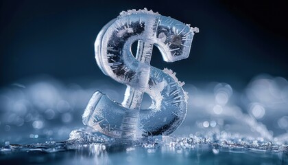 close-up of a transparent frozen ice sculpture shaped like a dollar sign on icy surface with blurred blue and dark background, evoking coldness and fragility