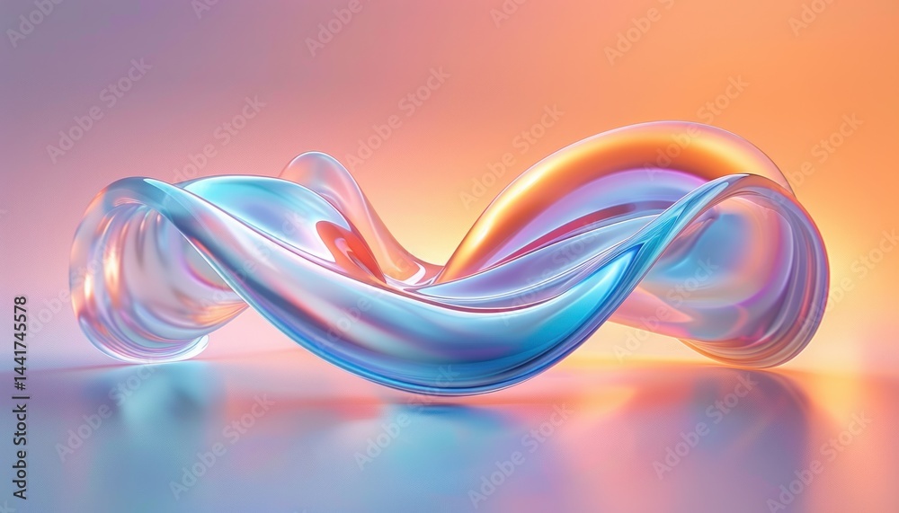 Poster smooth translucent twisting ribbon with metallic blue and orange gradient colors reflecting soft light on a glossy surface with a warm gradient background