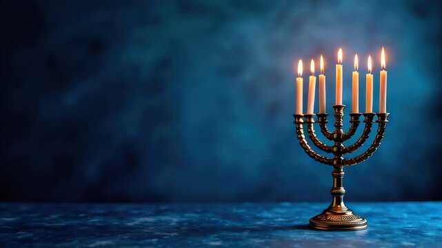 A close up of a menorah with lit candles on a table