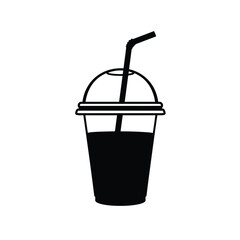 Black silhouette of a refreshing drink in a plastic cup with straw