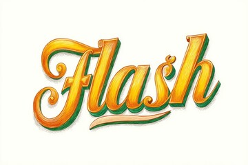 Elegant lettering artfully displays the word 'Flash' in striking yellow and green with a