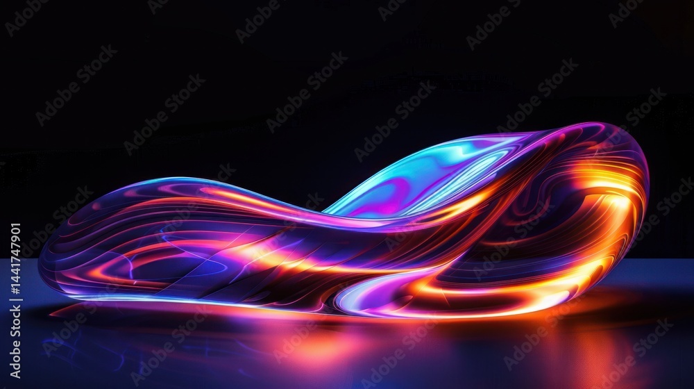 Poster abstract glowing fluid-like shape with smooth curves in vibrant blue, purple, orange, and pink hues 