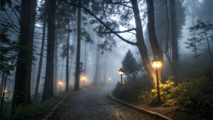 Eerie Forest Path Illuminated by Lamplight on a Misty Evening Adventure