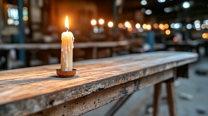 Rustic wooden table with melting candle warm light calm ambiance