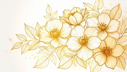 Elegant Golden Floral Bouquet Illustration Delicate Line Art Flowers and Leaves Design