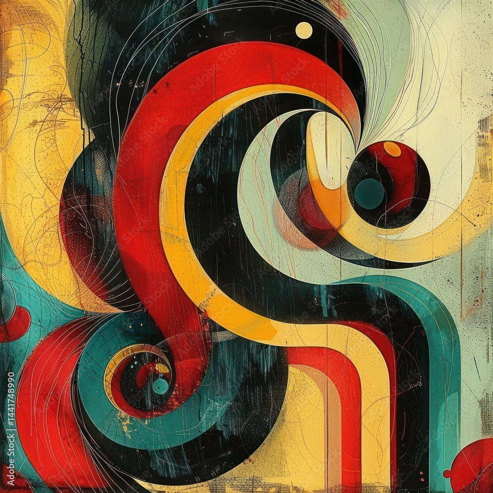 Fototapete abstract flowing shapes intertwining in vibrant red, yellow, turquoise, and black tones, creating a 