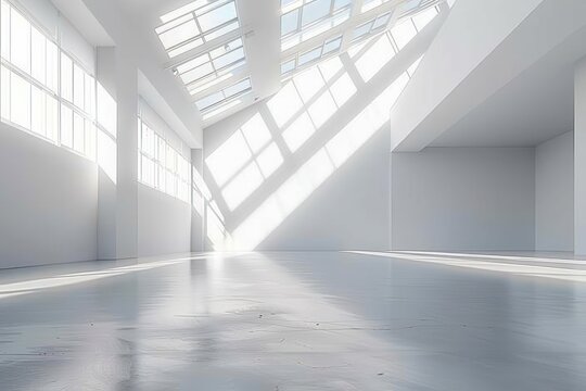 Bright empty modern interior space with large angled skylights casting geometric light patterns on smooth floor and white walls, evoking a sense of openness and calm