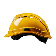 A bright yellow safety helmet on a black background, showcasing its design for construction workers, Side view of yellow safety helmet