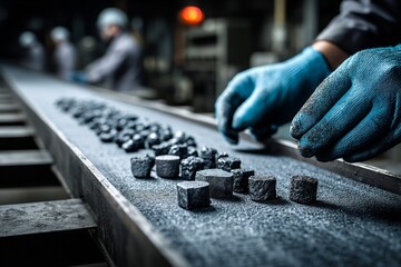 Employees wearing blue gloves examine black coal samples on a conveyor belt. Uniformed workers inspect raw materials in an industrial setting. Generative Ai