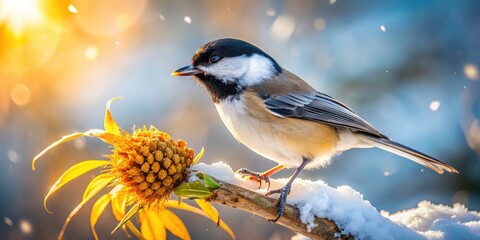 Obraz premium Black-capped Chickadee Bird on Branch Winter Food Photography - Wildlife Nature Image