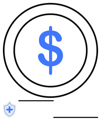 Blue dollar icon surrounded by black circles, accompanied by a healthcare shield icon. Ideal for finance, insurance, healthcare, economy, investment, security, budgeting simple landing page