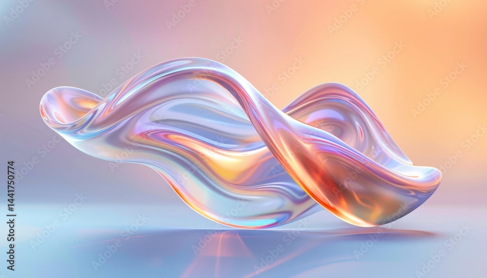 Poster smooth iridescent abstract fluid shape floating against a soft gradient background with warm and coo