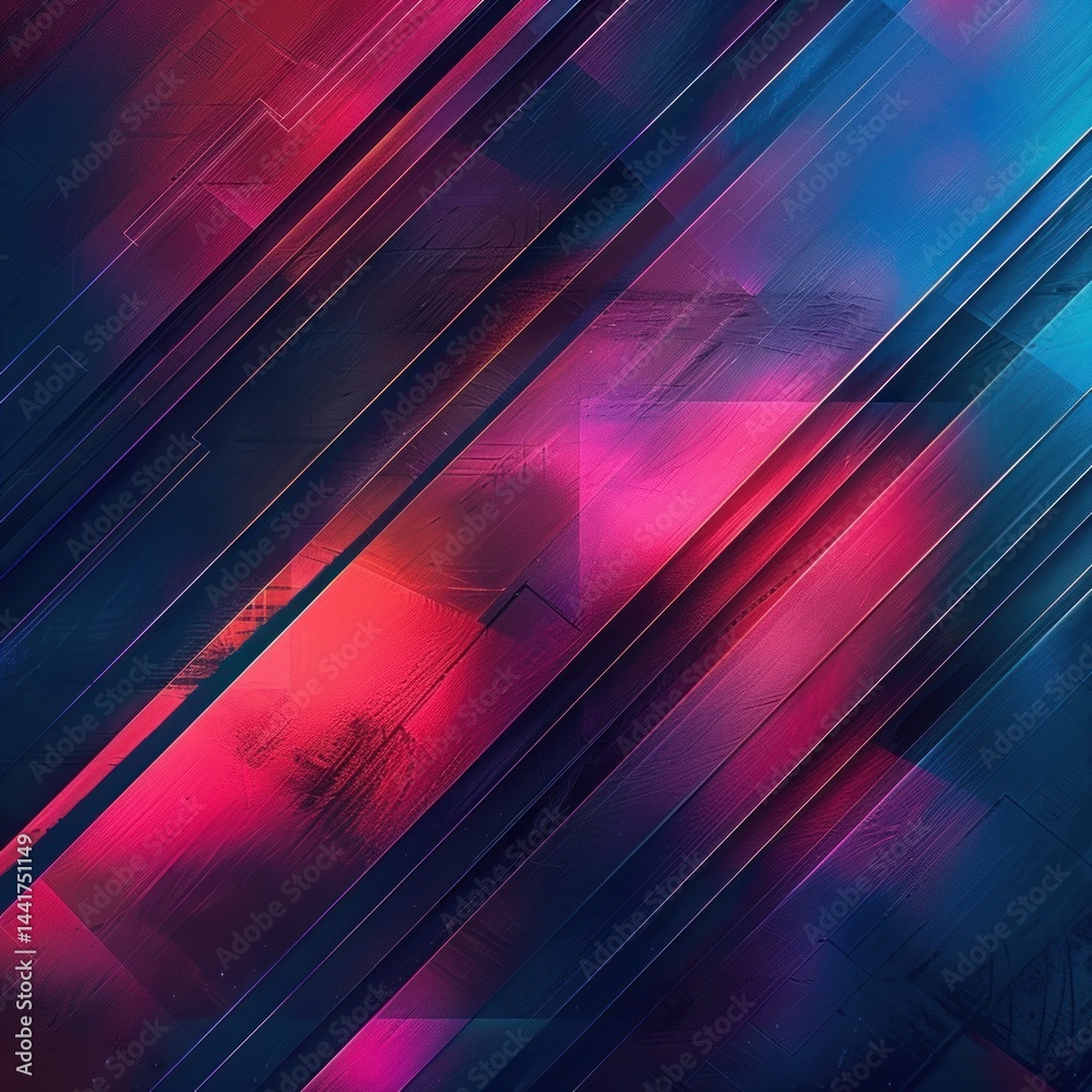 Fototapete abstract geometric pattern with diagonal lines and vibrant gradients of red, pink, purple, and blue 