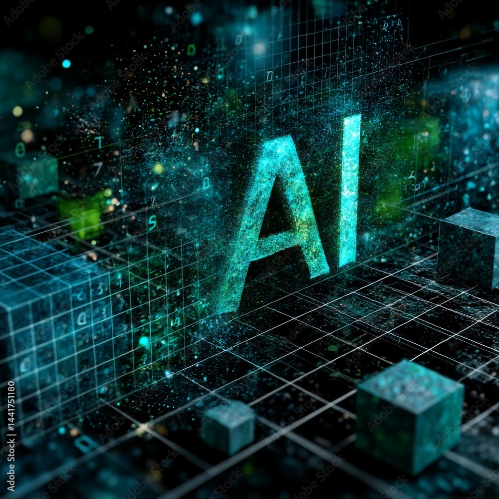 Leinwandbilder AI Future: Abstract Representation of Artificial Intelligence in a Digital, Grid-Based Environment with Data Cubes.