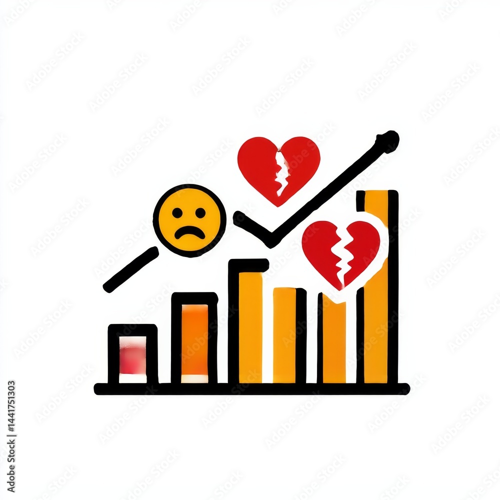 Poster analysis of relationship decline: graph with broken hearts and discontent, highlighting emotional tu