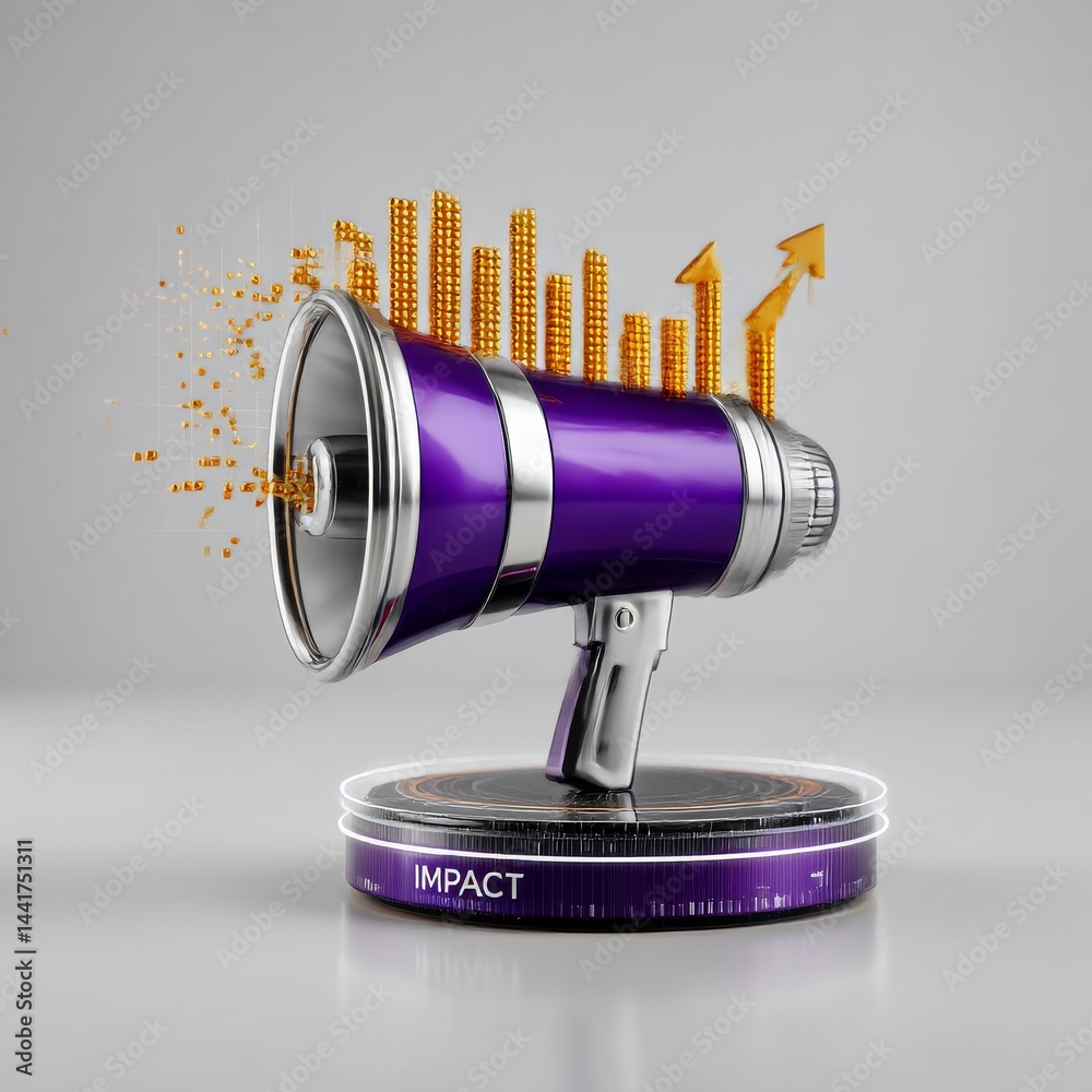 Poster Amplifying Success: A megaphone broadcasts growth with rising bars and arrows, signifying a powerful message resonating with impact.