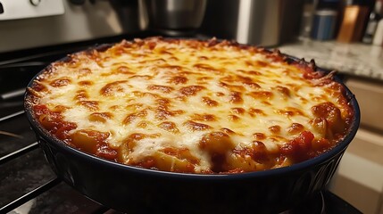 Baked Ziti Pasta in Blue Dish with Melted Mozzarella Cheese Topping