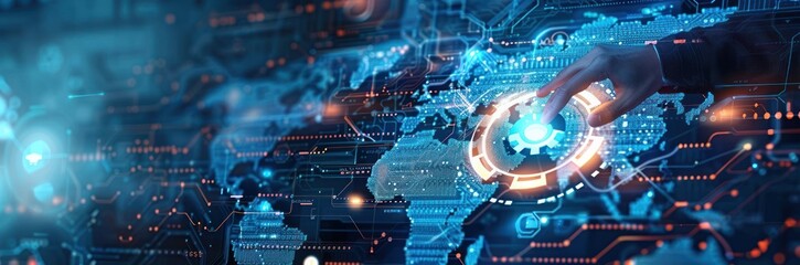 Human hand interacting with glowing digital interface on a futuristic global map with interconnected network and technology elements conveying innovation and connectivity