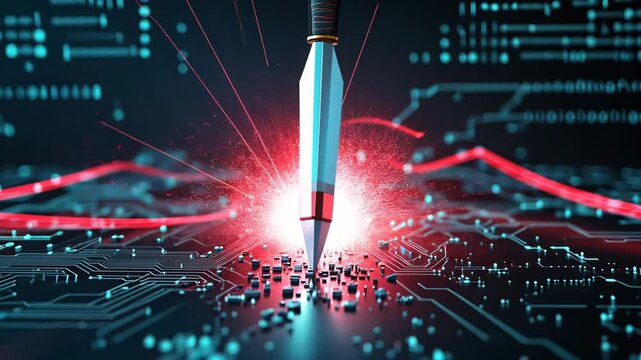 Digital Stylus Striking Circuit Board with Glowing Red Data Transfer Effect