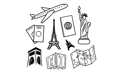 Travel themed elements in black and white.