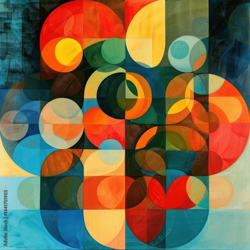 Poster Abstract geometric composition with overlapping circular and rectangular shapes in warm reds, oranges, yellows and cool blues, greens evoking a vibrant and dynamic energy