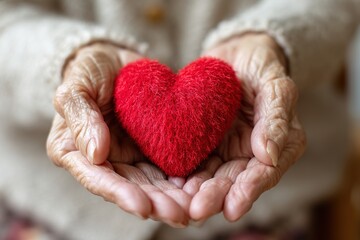 Elderly senior person or grandparent's hands with red heart  in support of nursing family caregiver for national hospice palliative care and family caregivers month concept