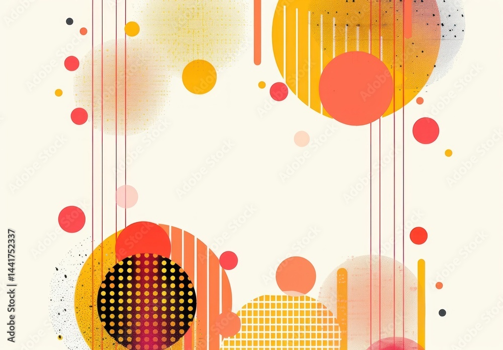 Poster abstract composition of overlapping colorful circles and vertical lines in warm tones with dotted an